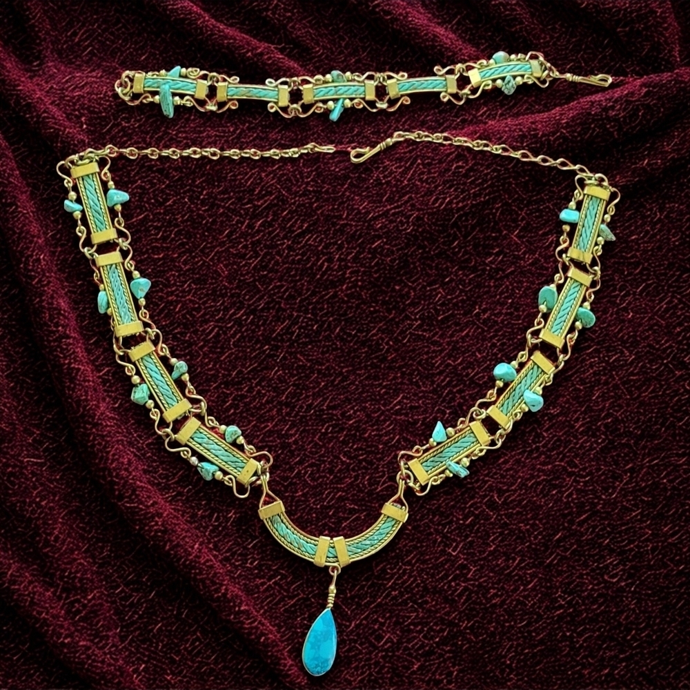 Turquoise Braided Link Necklace & Bracelette Greek Boho Egyptian Tribal